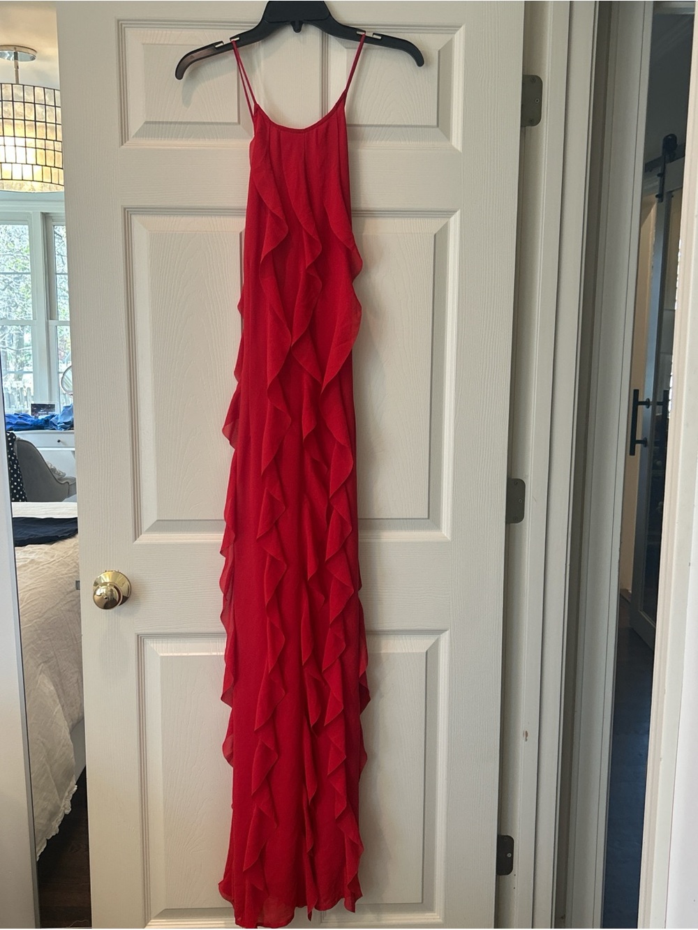 Etiquette Clothiers Red Ruffled Maxi Dress